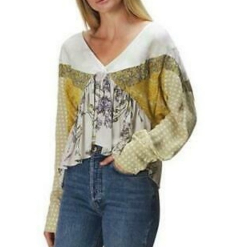 V-Neck Mixed-Print Peasant Blouse in Yellow
